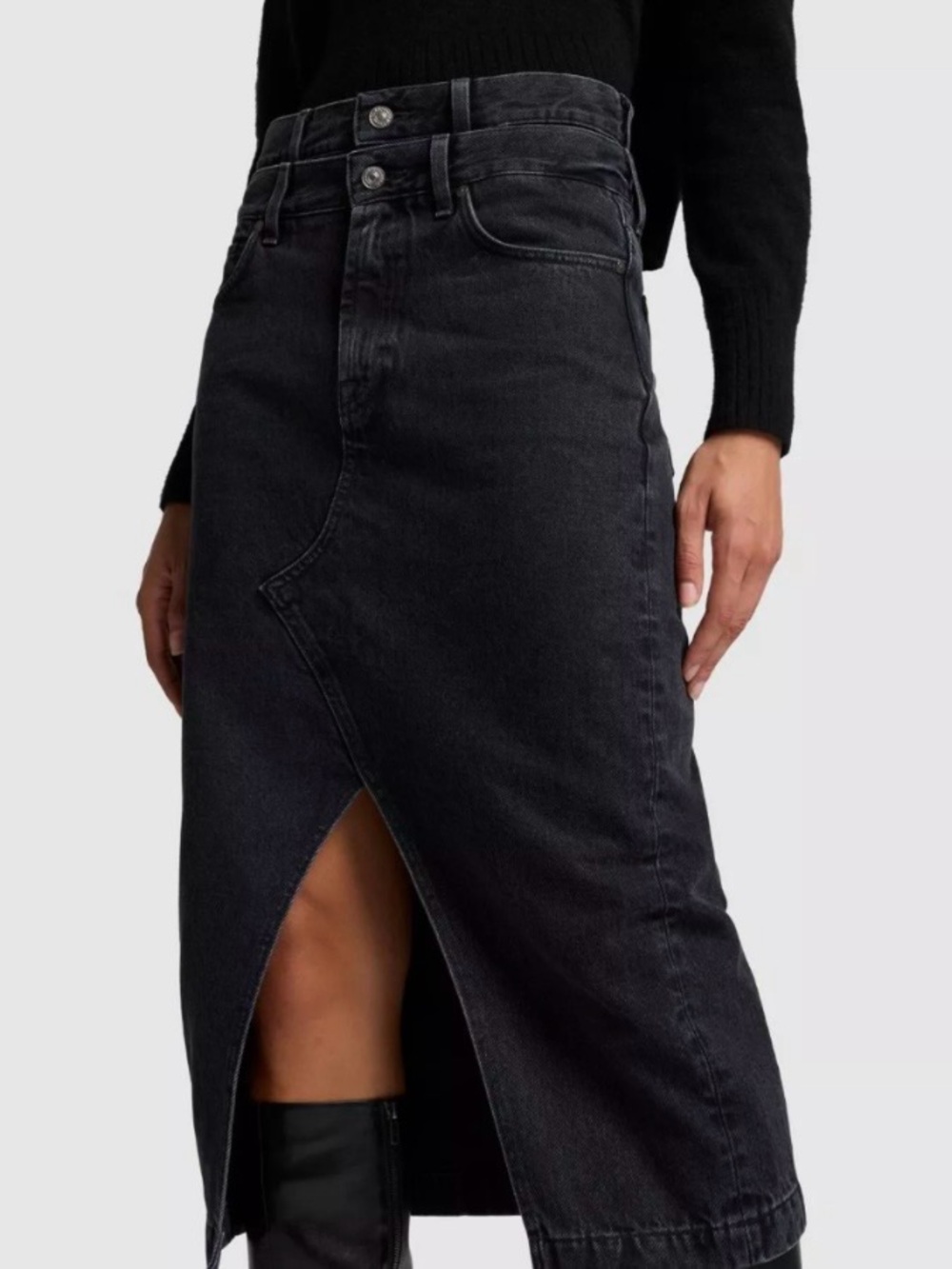 NEW 7 for All Mankind Double Waist Denim Midi Skirt in Hustle Washed Black 26